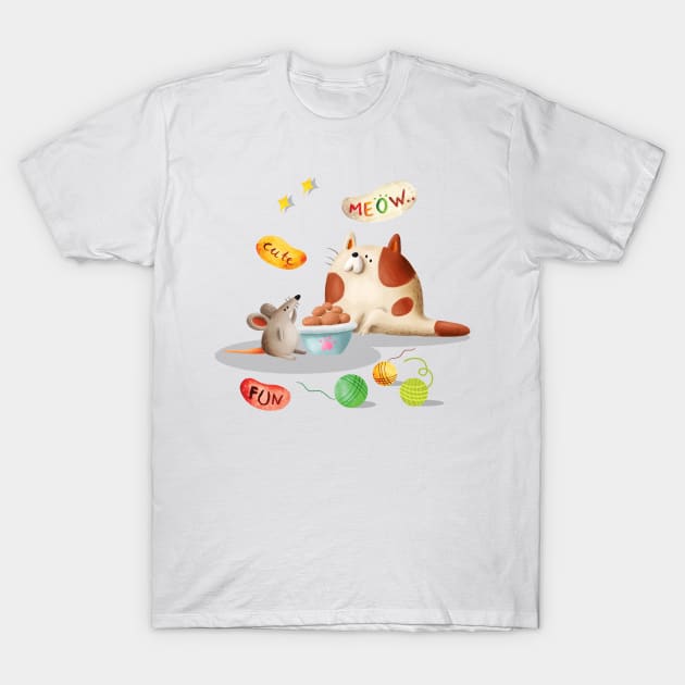 Cat sharing foods with mouse T-Shirt by Athikan